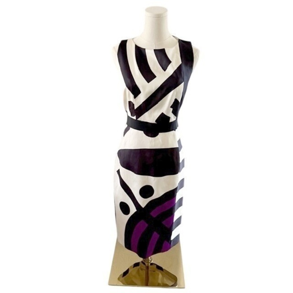 Aquilano Rimond Silk Sheath Dress Black Ivory Purple Mod Art Deco Old Money Sz 4 - Picture 2 of 11